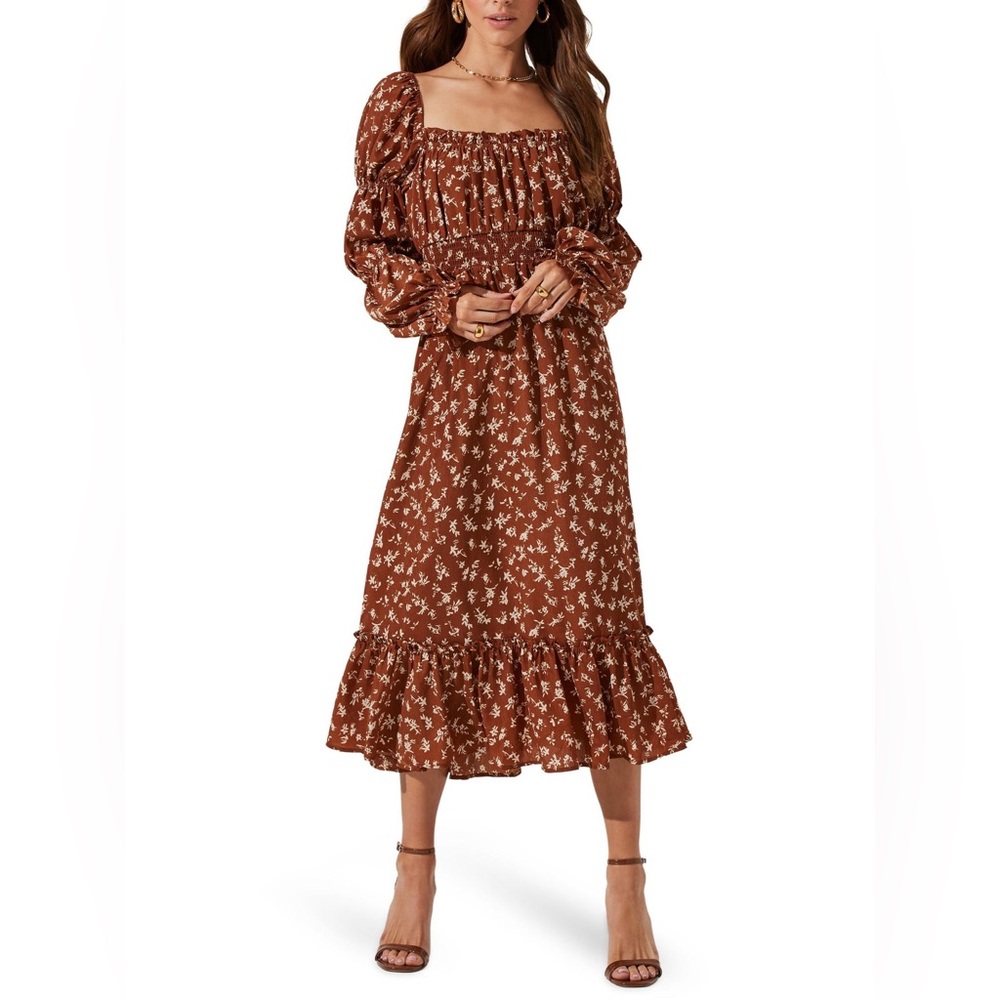 ASTR the Label Floral Cinched Long Sleeve Midi Peasant Dress Sz. L